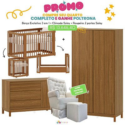 Quarto Completo – Berço Evolutivo Sleep 3 em 1 Madeira + Cômoda Soley com Porta Madeira + Guarda-Roupa Soley 2 Portas Madeira + Poltrona de Brinde modelo Sonhos com Puff Linho Bege