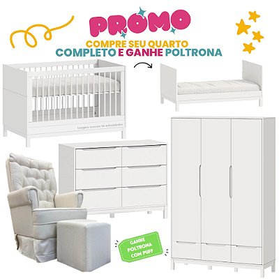 Quarto Completo - Cozy - Berço + Cômoda 6 Gavetas + Roupeiro 3 Portas - Branco - BRINDE: Poltrona Sonhos com Puff e Balanço: Tecido Linho Bege - prontaentrega