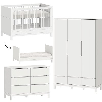Quarto Completo - Cozy - Berço 2 Em 1 + Cômoda 6 Gavetas + Roupeiro 3 Portas - Branco Fosco - prontaentrega
