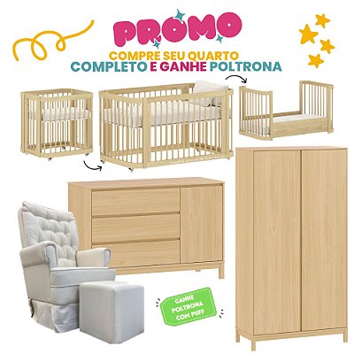 Quarto Completo - Berço 3 em 1 Carvalho + Cômoda Soley + Roupeiro 2 Portas - Carvalho Malva - Brinde: Poltrona de Amamentação Sonhos com Puff: Linho Bege