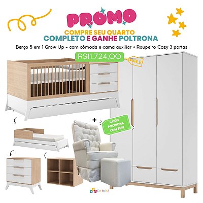Quarto Completo - Berço Grow Up Multifuncional + Roupeiro 3 Portas Cozy - Branco / Carvalho Malva - Brinde: Poltrona de Amamentação Sonhos com Puff: Linho Bege