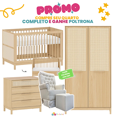 Quarto Completo Indy - Berço 2 em 1 + Cômoda + Roupeiro 2 Portas - Carvalho - Brinde: Poltrona de Amamentação Sonhos com Puff: Linho Bege