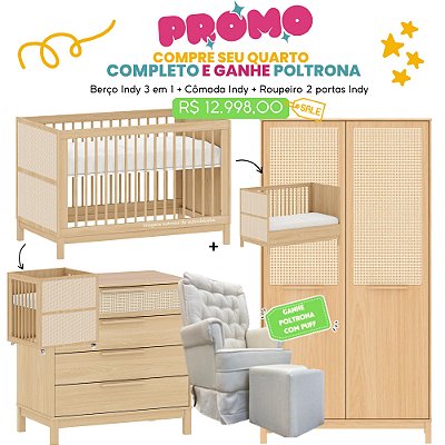 Quarto Completo Indy - Berço 3 em 1 + Cômoda + Roupeiro 2 Portas - Carvalho - Brinde: Poltrona de Amamentação Sonhos com Puff: Linho Bege