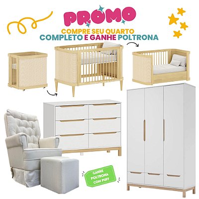 Quarto Completo - Berço 3 em 1 Paglia + Cômoda Cozy + Roupeiro 3 Portas Cozy - Branco / Carvalho - Brinde: Poltrona de Amamentação Sonhos com Puff: Linho Bege