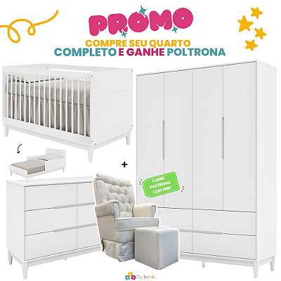Quarto Completo - Tomi - Berço + Cômoda 6 Gavetas + Roupeiro 4 Portas - Branco