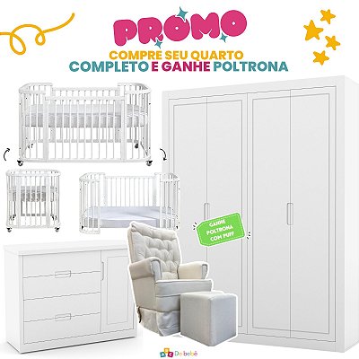 Quarto Completo - Berço Sleep 3 em 1 + Cômoda com Porta Tutto + Roupeiro 4 Portas Tutto - Branco  - BRINDE: Poltrona Sonhos com Puff e Balanço: Tecido Linho Bege