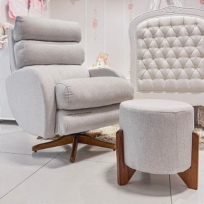 Poltrona De Amamentação Mayla - Com Balanço e Giro - Com Puff Mayla - Linho Cinza 510 - prontaentrega