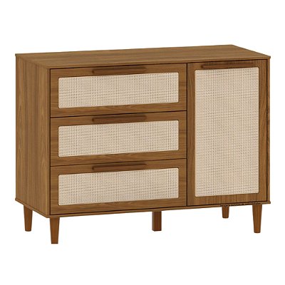 Cômoda Paglia Pro - 3 Gavetas - 1 Porta - Com Detalhes em Rattan e Madeira - Nogueira