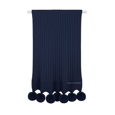 Manta De Pompom - Tricot - Trama Canelado 5x5 - Azul Marinho Naval