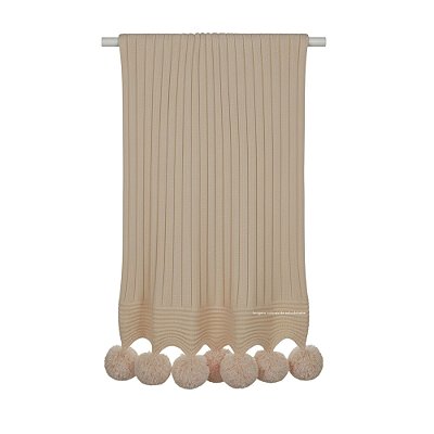 Manta De Pompom - Tricot - Trama Canelado 5x5 - Bege Sisal