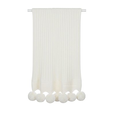 Manta De Pompom - Tricot - Trama Canelado 5x5 - Off White Natural