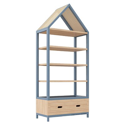 Estante Tupi 90 - Com Telhado - Carvalho / Azul Sereno