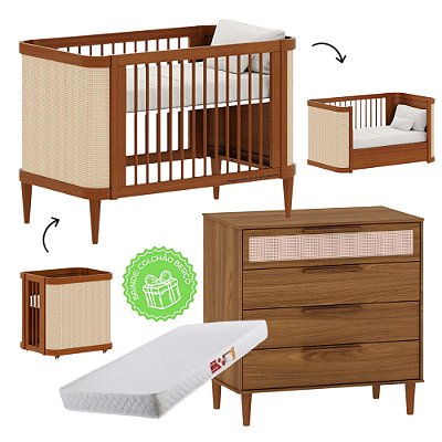 Conjunto - Berço 3 Em 1 + Cômoda Paglia Pro 4 Gavetas - Nogueira