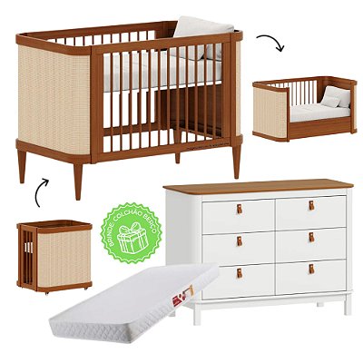 Conjunto - Berço 3 Em 1 Paglia + Cômoda 6 Gavetas Com Tampo Nogueira Cromo - Nogueira