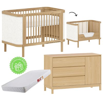 Conjunto - Berço 2 Em 1 + Cômoda 3 Gavetas E 1 Porta Soley - Carvalho Malva