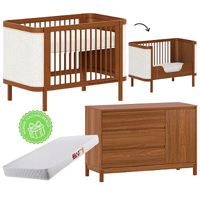 Conjunto - Berço 2 Em 1 + Cômoda 3 Gavetas E 1 Porta Soley - Nogueira