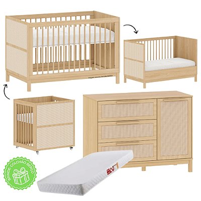 Conjunto - Berço Evolutivo 3 Em 1 + Cômoda 3 Gavetas E 1 Porta Indy - Carvalho Malva