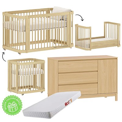 Conjunto - Berço Evolutivo 3 em 1 + Cômoda 3 Gavetas E 1 Porta Soley - Carvalho Malva