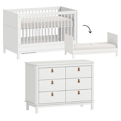 Conjunto - Berço Cozy 2 em 1 + Cômoda Cromo Com Puxadores Em Couro - Branco - prontaentrega