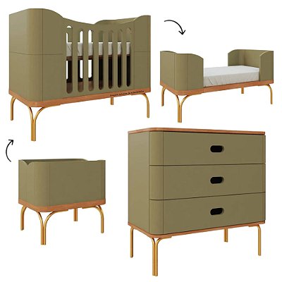 Conjunto - Berço 3 em 1 Aquarela + Cômoda Aquarela Cacto - prontaentrega