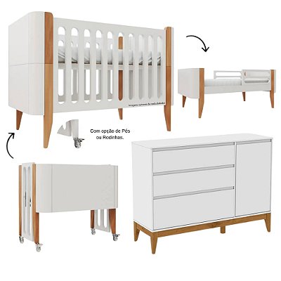 Conjunto - Berço Bo 3 Em 1 Palitado + Cômoda Nature Clean - Branco Com Madeira / Branco Soft