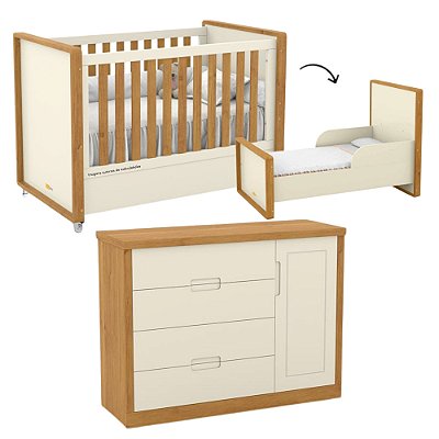 Conjunto - Berço Tutto 2 em 1 + Cômoda Tutto - Off White / Freijó - prontaentrega