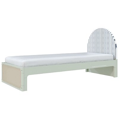 Cama Skandi Com Cabeceira Estofada - Sarja Listra Anis / Verde Old