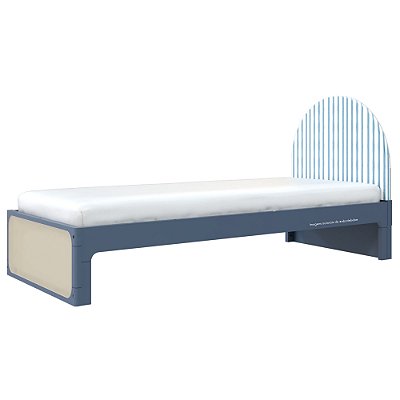 Cama Skandi Com Cabeceira Estofada - Sarja Listra Azul Sereno / Anis