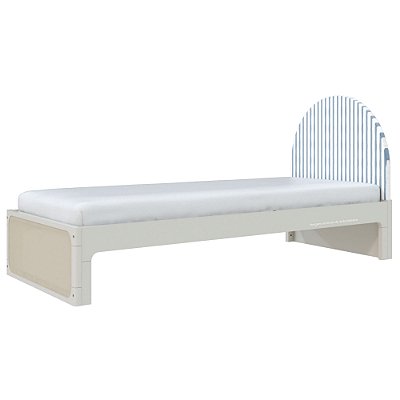 Cama Skandi Com Cabeceira Estofada - Sarja Listra Azul Sereno / Areia