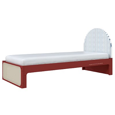 Cama Skandi Com Cabeceira Estofada - Sarja Listra Azul Sereno / Páprica