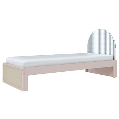 Cama Skandi Com Cabeceira Estofada - Sarja Listra Azul Sereno / Rosa Old