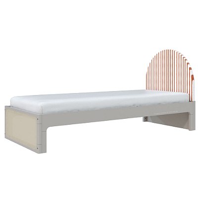 Cama Skandi Com Cabeceira Estofada - Sarja Listra Páprica / Cinza
