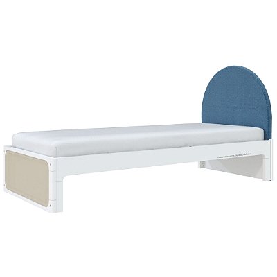 Cama Skandi Com Cabeceira Estofada - Sarja Azul / Branco