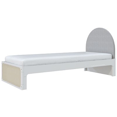Cama Skandi Com Cabeceira Estofada - Sarja Cinza / Branco
