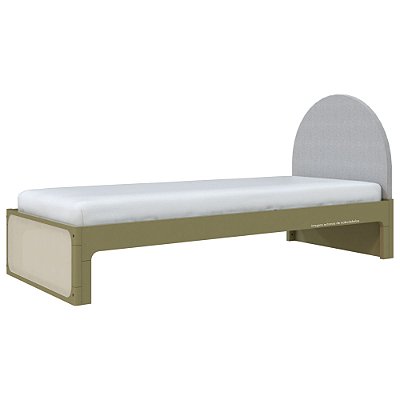 Cama Skandi Com Cabeceira Estofada - Sarja Cinza / Verde Cacto