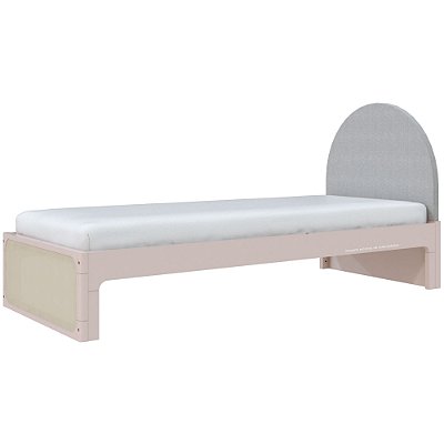 Cama Skandi Com Cabeceira Estofada - Sarja Cinza / Rosa Old