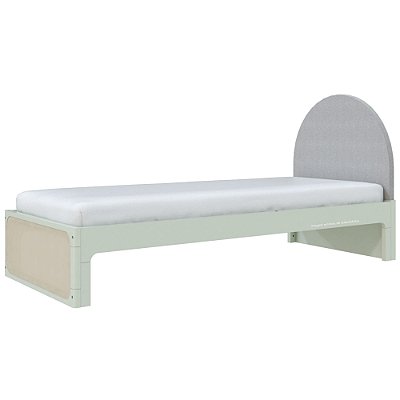 Cama Skandi Com Cabeceira Estofada - Sarja Cinza / Verde Old
