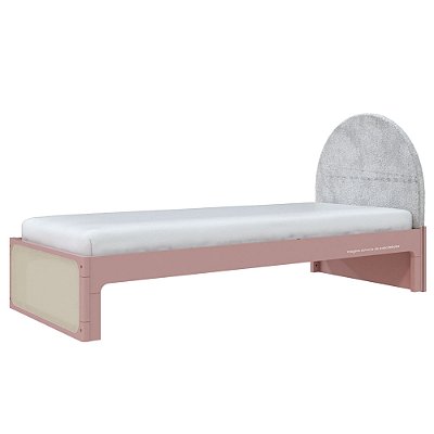Cama Skandi Com Cabeceira Estofada - Veludo Cinza / Rose