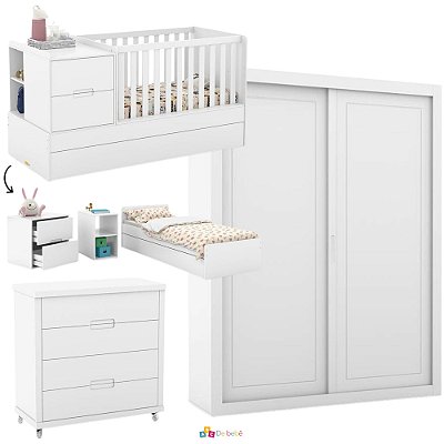 Quarto Completo - Berço Formare + Gaveteiro Tutto + Roupeiro 2 Portas de Correr Tutto - Branco Soft