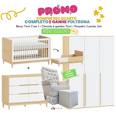 Quarto Completo - Berço 2 em 1 Tomi + Cômoda Tomi + Roupeiro 3 Portas Join - Branco / Carvalho - Brinde: Poltrona de Amamentação Sonhos com Puff: Linho Bege