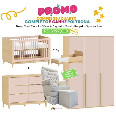 Quarto Completo - Berço 2 em 1 Tomi + Cômoda Tomi + Roupeiro 3 Portas Join - Rosa / Carvalho - Brinde: Poltrona de Amamentação Sonhos com Puff: Linho Bege