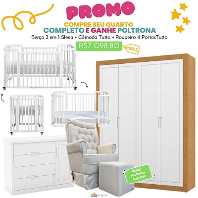Quarto Completo Sleep + Tutto - Berço 3 Em 1 Sleep + Cômoda Com Porta Tutto + Roupeiro 4 Portas Tutto + Poltrona de Brinde Modelo Sonhos Com Puff Linho Bege - prontaentrega
