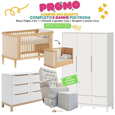 Quarto Completo Paglia + Cozy - Berço 2 Em 1 Paglia + Cômoda 6 Cavetas Cozy + Roupeiro 3 Portas Cozy + Poltrona de Brinde Modelo Sonhos Com Puff Linho Bege - prontaentrega