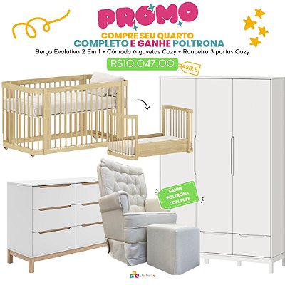 Quarto Completo Evolutivo + Cozy - Berço 2 Em 1 Evolutivo + Cômoda 6 Cavetas Cozy + Roupeiro 3 Portas Cozy + Poltrona de Brinde Modelo Sonhos Com Puff Linho Bege - prontaentrega