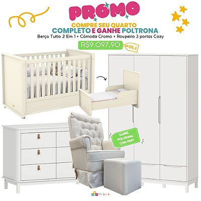Quarto Completo Tutto + Cromo + Cozy - Berço 2 Em 1 + Cômoda Cromo + Roupeiro 3 Portas Cozy + Poltrona de Brinde Modelo Sonhos Com Puff Linho Bege - prontaentrega