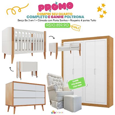 Quarto Completo Bo + Tutto - Berço 3 Em 1 Bo + Cômoda Com Porta Sonhos + Roupeiro 4 Portas De Correr Tutto + Poltrona de Brinde Modelo Sonhos Com Puff Linho Bege - prontaentrega