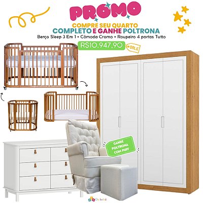 Quarto Completo - Berço 3 Em 1 Sleep Madeira + Cômoda Cromo Branco Fosco + Roupeiro 4 Portas Tutto Freijó/Branco Soft + Poltrona de Brinde Modelo Sonhos Com Puff Linho Bege - prontaentrega