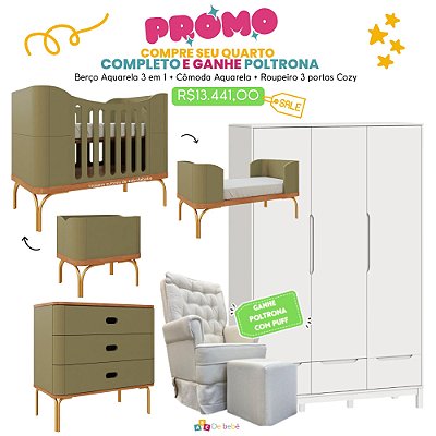 Quarto Completo - Berço 3 Em 1 Aquarela Cacto + Cômoda Aquarela Cacto + Roupeiro 3 Portas Cozy Branco Fosco + Poltrona de Brinde Modelo Sonhos Com Puff Linho Bege - prontaentrega