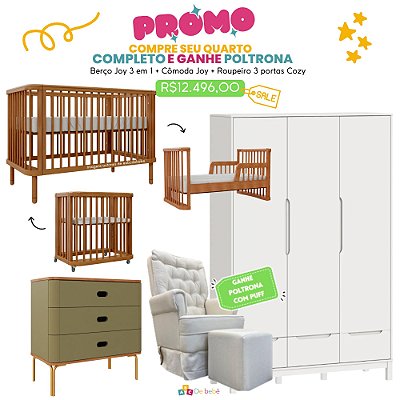Quarto Completo - Berço Joy 3 Em 1 Madeira + Cômoda Aquarela Cacto + Roupeiro 3 Portas Cozy Branco Fosco + Poltrona de Brinde Modelo Sonhos Com Puff Linho Bege - prontaentrega