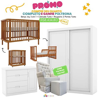 Quarto Completo - Berço Joy 3 Em 1 Madeira + Cômoda Tutto Branco Soft + Roupeiro Tutto 2 Portas Branco Fosco + Poltrona de Brinde Modelo Sonhos Com Puff Linho Bege - prontaentrega